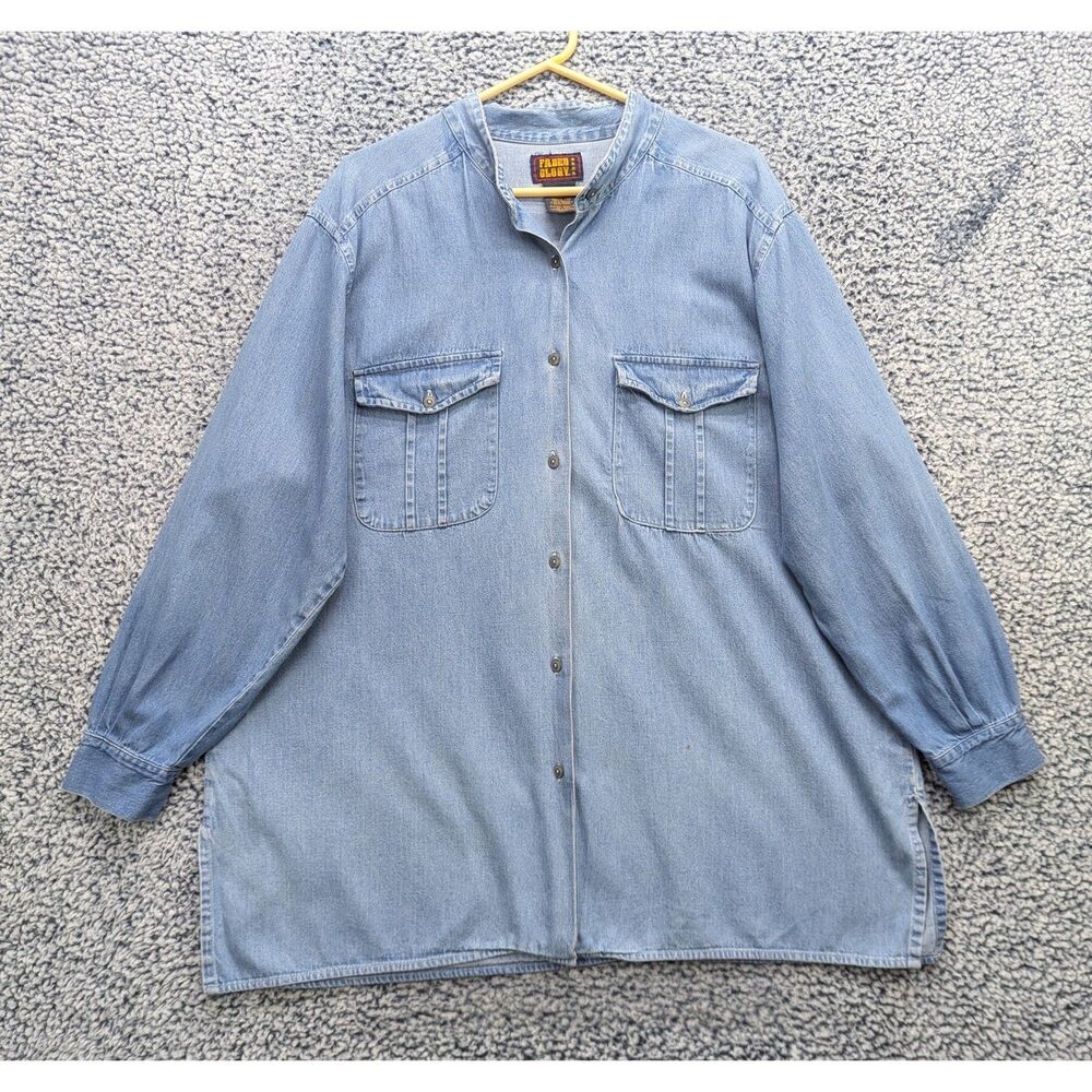 VTG Faded Glory Denim Button Up Tunic Top Size 22W Boho 90s Y2K Cottage Blue